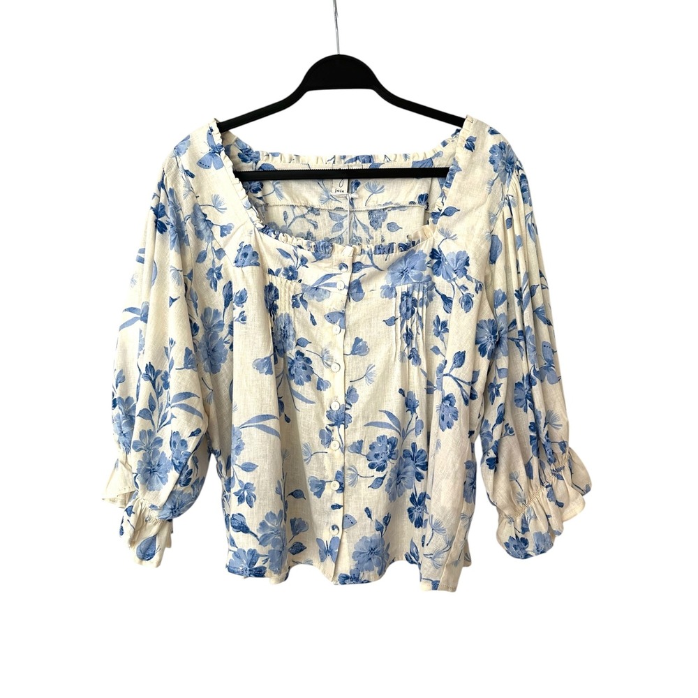 Joie Linen Blend Floral Puff Sleeve Top Blue White Cottagecore Size M